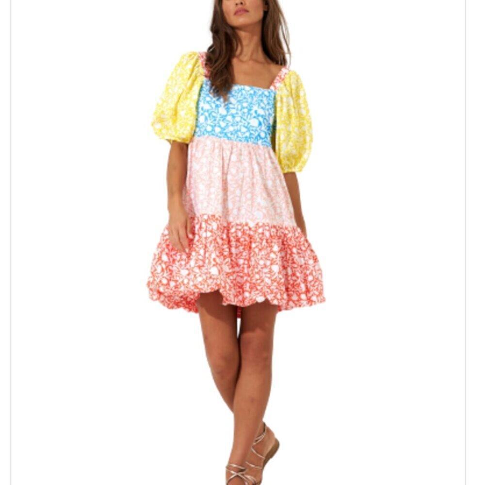 Oliphant Tuckernuck Canary Multi Bubble Skirt Mini Cotton Dress Puff Sleeves NEW - Picture 11 of 15